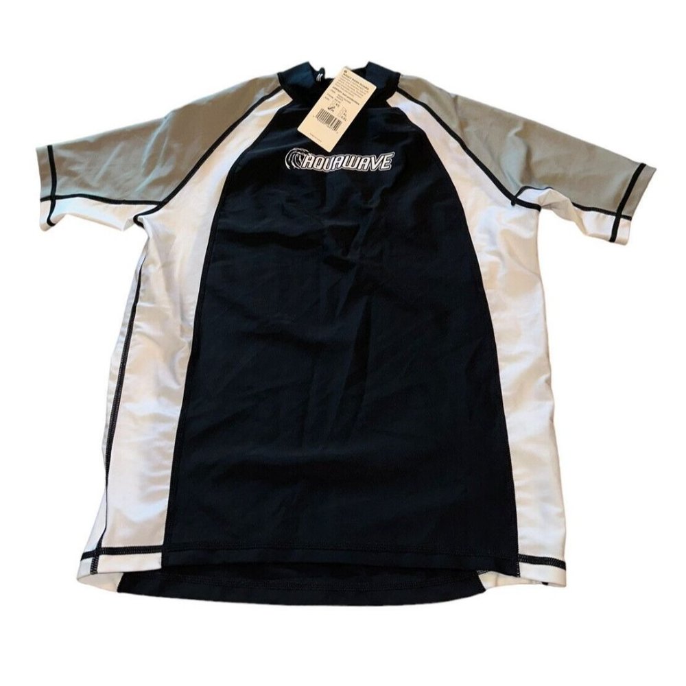 NWT Adult Aquawave Rash Guard Swim Top Size M Black Gray Short Sleeve